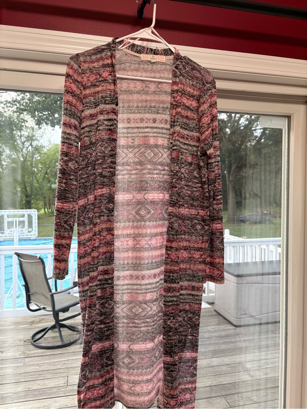Pink Republic Long Open-Front Striped Knit Cardigan in Pink and Gray